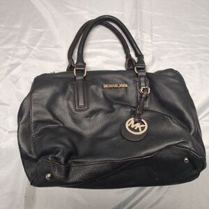 Michael Kors Black Pebbled Leather Satchel with Gold MK Charm